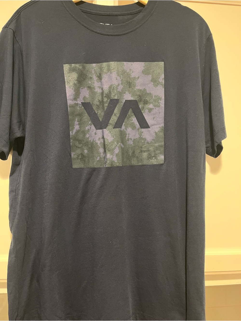 RVCA Black Tee with Green/Gray Camo Square Logo